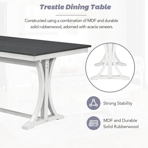 Bxhlxzz 6 Piece Retro Wood Dining Table Set with Chairs and Bench, Gray+Antique White