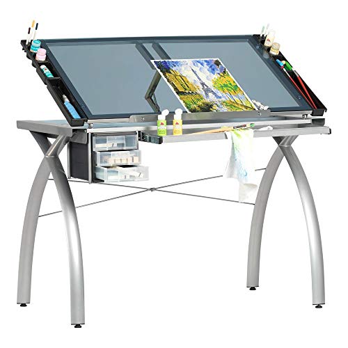Offex Contemporary Blue Tempered Glass Top Futura Craft Station - Silver