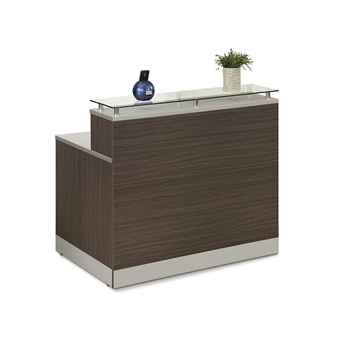 Esquire Glass Top Reception Desk 48"W x 32"D Driftwood Laminate/Silver Laminate Desktop Kickplate and Accents/Glass Top