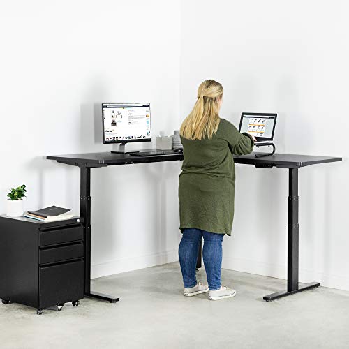 VIVO Electric Height Adjustable 67 x 60 inch Corner Stand Up Desk, Black Solid One-Piece Table Tops, Black Frame, L-Shaped Standing Workstation, DESK-KIT-3E6B