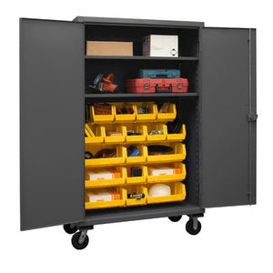 Durham HDCM48-18-2S95 Lockable Mobile Cabinet with 18 Yellow Hook-On Bins and 2 Adjustable Shelves, 48" Wide, 12 Gauge