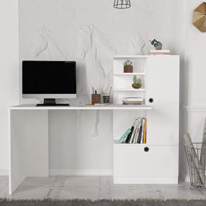 MAKENZA Merino Office Desk Modern Living Room Furniture with Adjustable Shelves & One Hidden Cabinet, Writing Workstation Table Compatible for Home, Office Study (White)