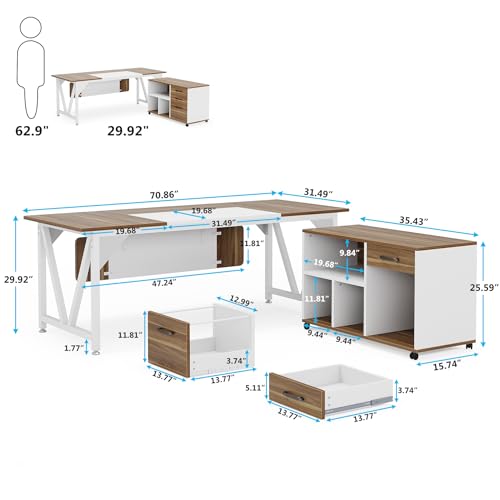 Tribesigns Executive Desk with File Cabinet Combo, L-Shaped Computer Desk, 3 Drawers, White