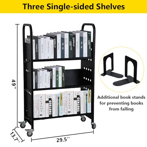 MERXENG V-Shaped Rolling Book Cart, 200LBS Capacity, 30x14x49, Lockable Wheels, Black