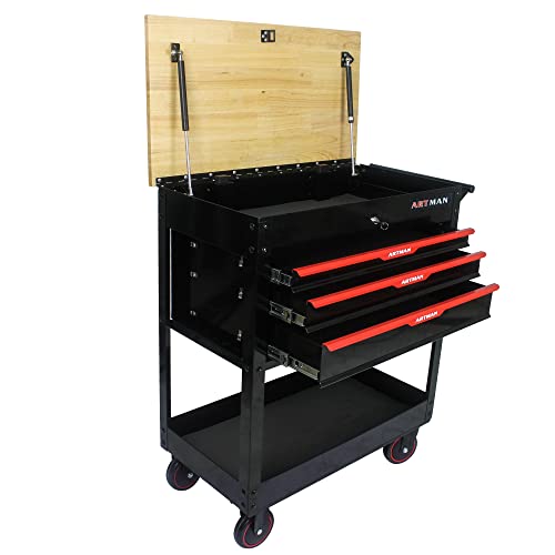 Generic 3 Drawers Multifunctional Tool Cart with Wheels and Wooden Top