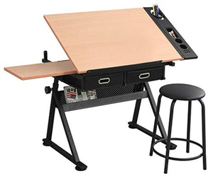 Waful Drafting Drawing Art Table Desk with Tiltable Tabletop and Storage Drawers