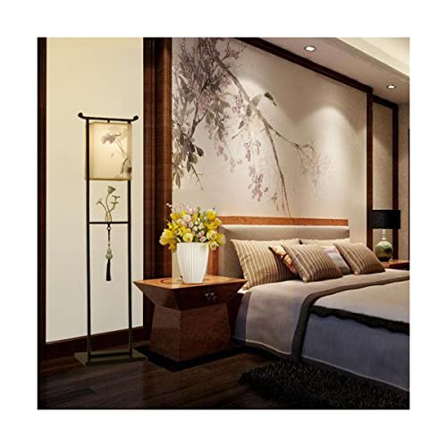VejiA Chinese Ceramic Lotus Floor Lamp with Fabric Shade - Retro E27 Dimmable Standing Reading Light