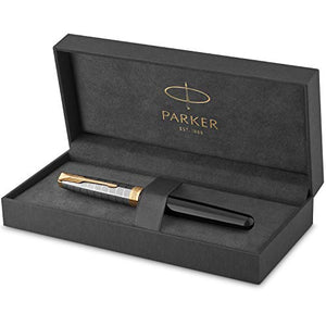 PARKER Sonnet Rollerball Pen | Premium Metal and Black Gloss Finish with Gold Trim | Fine Point with Black Ink Refill | Gift Box