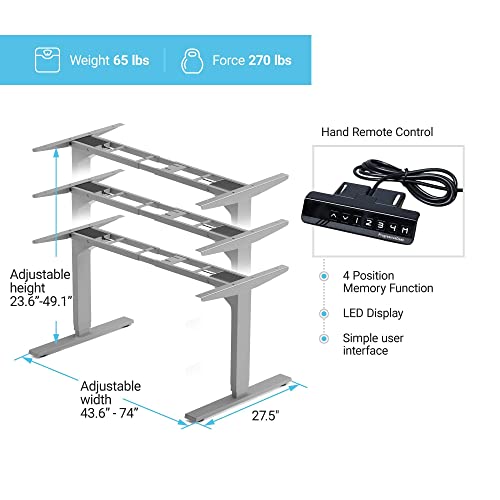Standing Desk Frame Dual Motor. Adjustable Height and Width, 3 Stages Electric Legs for sit Stand desks. Suites Tops from 48" to 73" FLT-02 Grey