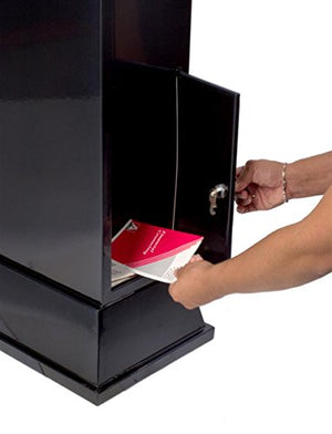 Steel Floor-Standing Ballot Box with Acrylic 17 by 11 Inch Sign Frame, Two Brochure Pockets - Black