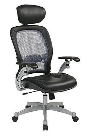 SPACE Seating Light AirGrid Back and Leather Seat, 2-to-1 Synchro Tilt Control, Adjustable Lumbar and Platinum Finish Base Executives Chair with Adjustable Headrest, Black