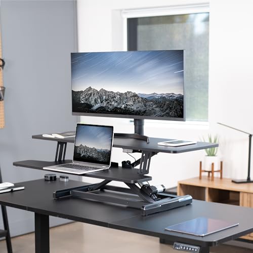 VIVO Electric Motor Desk Converter 42 inch, Height Adjustable Riser, Sit to Stand Workstation, Black - DESK-VE42B
