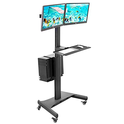 Mount-It! Adjustable Mobile PC Workstation for Dual Monitors | Mobile Standing Computer Cart with Adjustable Keyboard Tray and CPU Holder | Rolling Computer Desk Fits Monitors 13 to 32 Inches