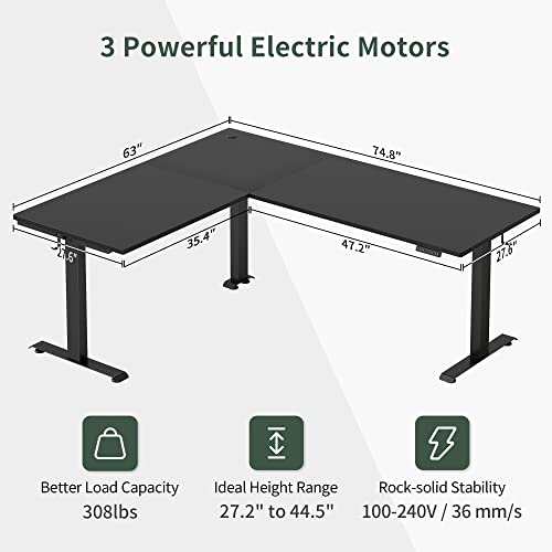 FEZIBO 75" Triple Motor L-Shaped Electric Standing Desk, Height Adjustable, Black Frame/Black Top