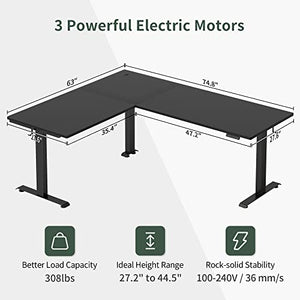 FEZIBO 75" Triple Motor L-Shaped Electric Standing Desk - Black Frame/Black Top