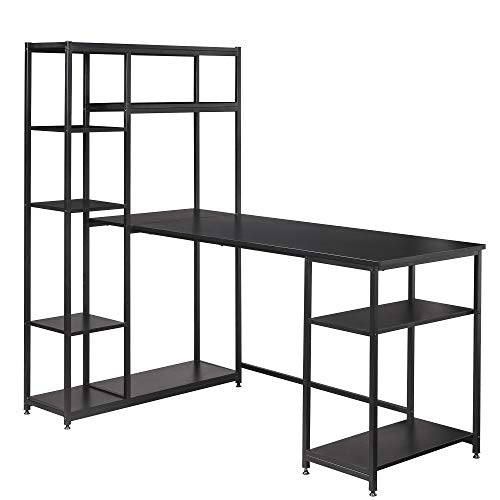 Depointer Life Home Office Desk 63" x 35.4" Computer Desk,Student Study Table with 9 Open Bookshelf,Home Office Desk,Multipurpose PC Workstation,Easy Assemble,Black