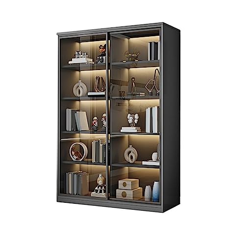 KWOKING Modern Wooden Bookshelf with Sliding Glass Doors - Grey, 31"L x 16"W x 79"H