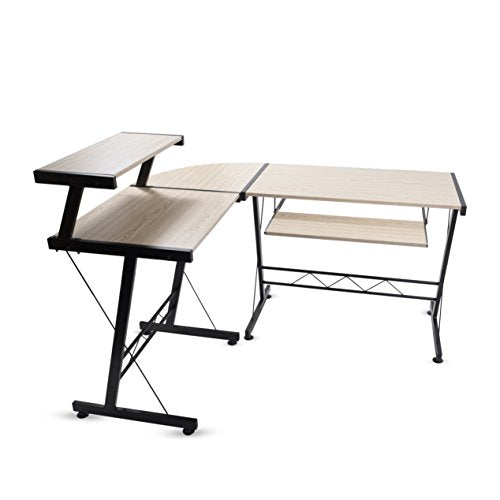 Modern Durable L Shape Computer Desk Workstation Great for Office , Home Office , Dorm Room , Natural Birch Color with Black Frame