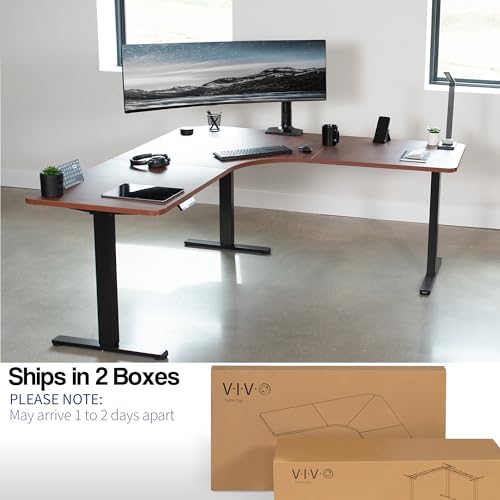 VIVO Electric Height Adjustable Curved Corner Stand Up Desk, Dark Walnut Table Top, L-Shaped Workstation - E3C Series