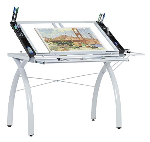 SD Studio Designs 10096 Futura Station Drafting Craft Table with Folding Shelf Top, Adjustable, White/Clear Glass