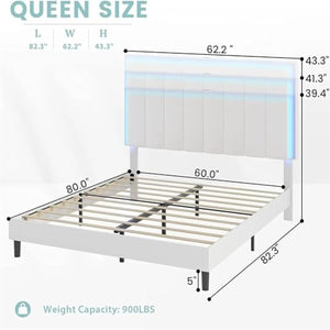 None LDCLHG LED Queen Size Leather Upholstered Platform Bed with Adjustable Headboard