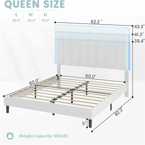 LDCLHG LED Queen Size Leather Upholstered Platform Bed with Adjustable Headboard