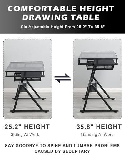 LifeSky Drafting Table Adjustable Art Desk with Glass Top and Stool - Black