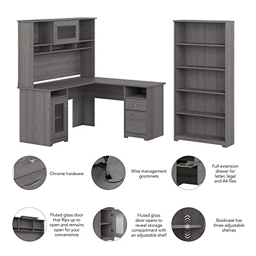Bush Furniture L-Shaped Desk with Hutch, Bookcase - Modern Gray