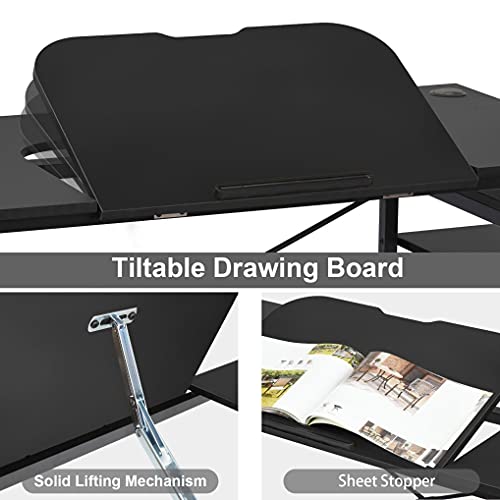 Computer Desk with 5-Tier Shelves, 3 in 1 Bookshelf, Computer Desk, and Main Frame, 47.2" Drafting Drawing Table with 60° Tiltable Tabletop, PC Laptop Table Study Workstation for Home Office (Black)