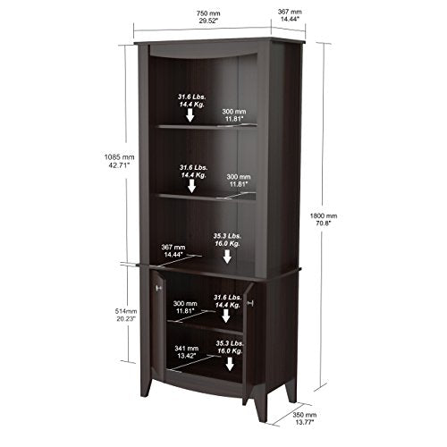 Inval BE-8004 Espresso Wengue Wood 4 Shelf Bookcase with Covered Storage