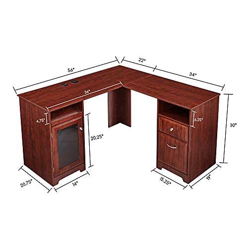 GOOD & GRACIOUS L-Shaped Desk Computer Corner Desk with Drawer Writing Studying PC Laptop Gaming Table Space-Saving for Workstation Home Office, Cherry