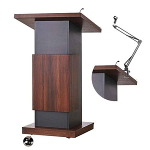 Npeeson Portable Wooden Podium Stand with Locking Wheels and Adjustable Microphone Stand