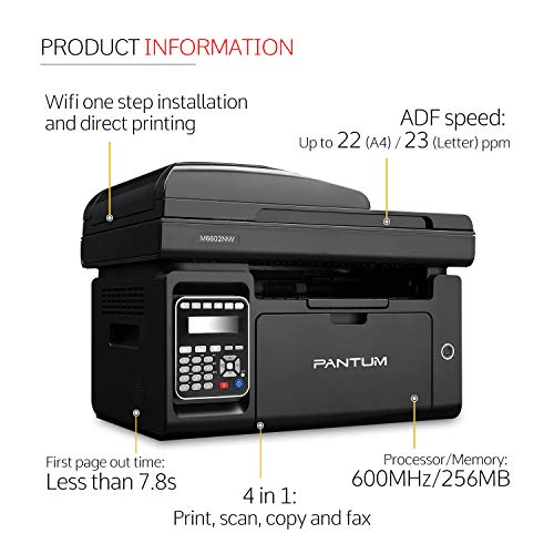 Pantum Monochrome All-in-one Wireless Laser Printer with Print Copy Fax Scan & ADF, Compact Multifunction for Home Office Mobile 23 PPM Printing (Laserjet M6600NW, Black)
