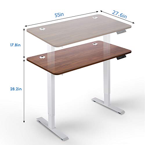 Electric Standing Desk, 55 x 28 Inches Height Adjustable Dual Motor Stand up Desk Workstation, Full Sit Stand Home Office Table, Whole-Piece Desk Board (White Frame/Brown Walnut Top)