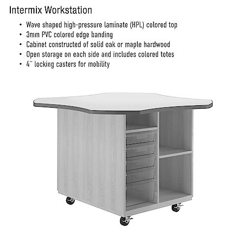 Diversified Woodcrafts Mobile Collaboration School Workstation, 60"x60"x30", Wave Design, Open Storage, Erasable Top, Lime Edge, Solid Oak