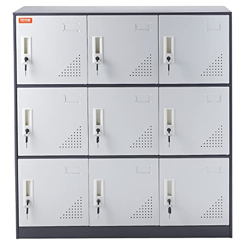VEVOR Metal Employee Locker, 9 Doors Storage Cabinet with Card Slot, Gray Steel, Keys, 66lbs Capacity