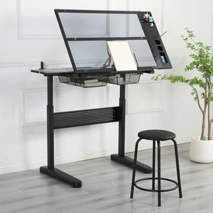 AUTIGERSAFE Drafting Table with Glass Top, Height Adjustable, Tilting Desk, 2 Drawers, Stool - Home Office Art Station