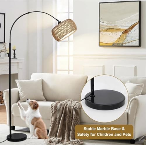 Habrur Boho Floor Lamp with Rattan & Fabric Shades - Modern Arc Floor Lamp