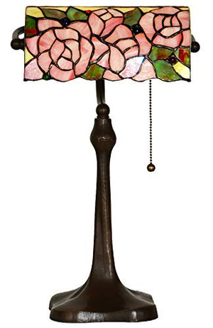HT Tiffany Style Traditional Banker’s Desk Lamp, Rose Stained Glass Shade Cast Iron Base