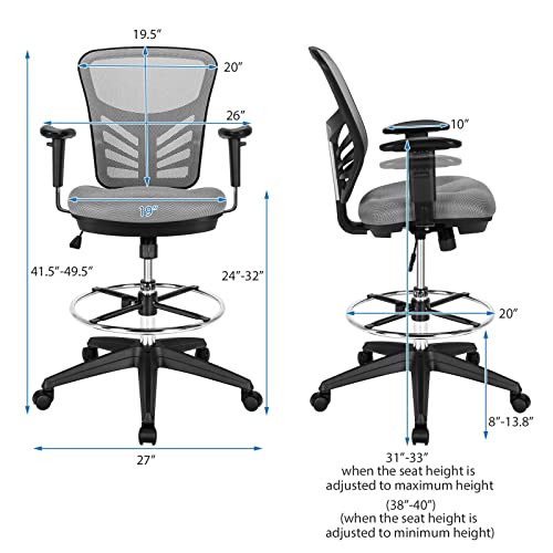 Mesh Drafting Chair with Adjustable Armrests & Footrest - Grey