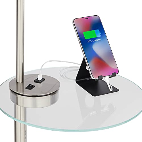 Possini Euro Design Modern Floor Lamps 60" Tall Set of 2 with Tray Table USB Charging Port Brushed Nickel Silver Organza Shade
