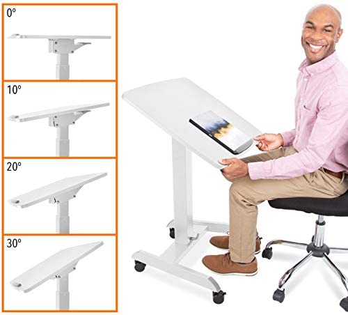 Stand Steady Mobile Podium Desk | Pneumatic Height Adjustment | Tilting Desktop | Rolling Laptop Stand | White