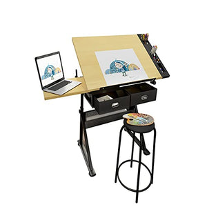 EESHHA Extra Large Wood Drafting Table with Adjustable Height and Tilting Surface, Two Drawers