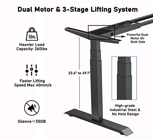 Kaboon Dual Motor Electric Adjustable Desk Frame, Heavy Duty 3-Section Base（Lifting 23.5" to 49"）, Memory Controller with USB Charger, DIY Sit Stand Home Office Table, Black