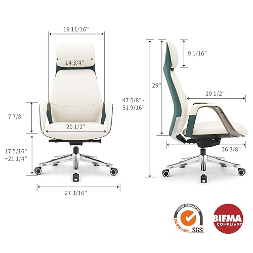 EUREKA ERGONOMIC Genuine Leather High Back Office Chair with Arms & Aluminum Base, Beige