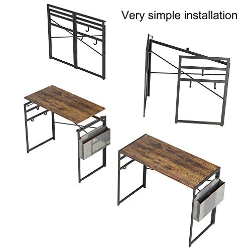 JSB 39.37" Folding Computer Desk with Storage Bag and Hook, Writing Desk Modern Industrial Work Table Laptop Desk for Home Office (39.37” x 19.69” x 29.53”, Rustic Brown)