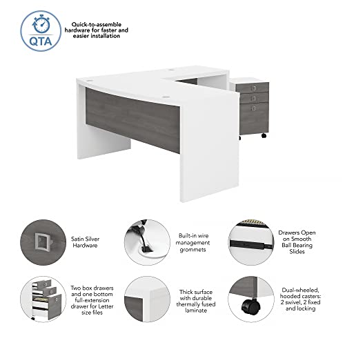 Bush Business Furniture Echo L Shaped Bow Front Desk with Mobile File Cabinet, Pure White/Modern Gray, 60W