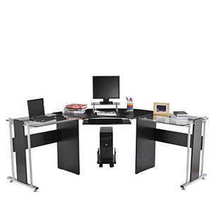 HOMCOM 69" Modern L-Shaped Tempered Glass Office Computer Desk with Elevated Monitor Stand, Rolling CPU Holder, Pull Out Keyboard Tray and Steel Frame, Black