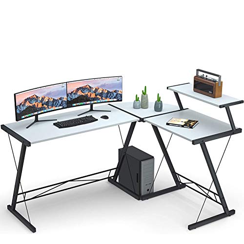 L Shaped Computer Desk Home Office Desk with Round with Large Monitor Stand Laptop Table for Home Office Workstation-White A