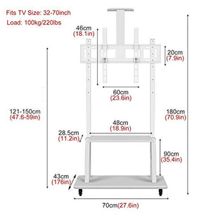 Generic Universal TV Stand for 32-70 Inch TVs - White, Adjustable Height, Rolling Floor Trolley Cart with AV Camera Shelf - 100kg Capacity